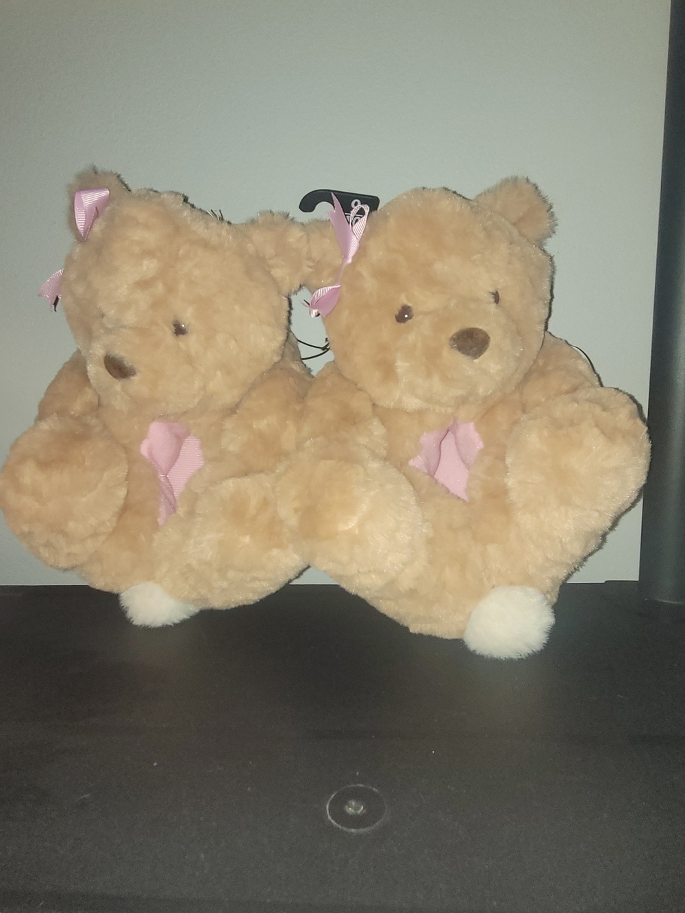 Plush Brown Teddy Bear with Pink Ribbon Slippers